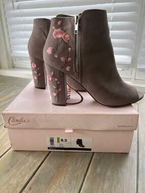 Candie's Taupe Peep-Toe Ankle Boots with Pink Floral Embroidery